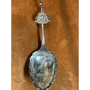 Antique Tea Caddy Spoon Dutch Sterling  Silver Figural  Windmill Sailboat 1891